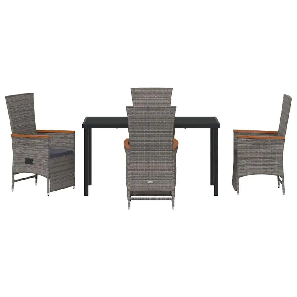 5 Piece Grey Poly Rattan Outdoor Dining Set with Adjustable Backrests and Water Resistant Cushions for Patio Seating and Entertaining