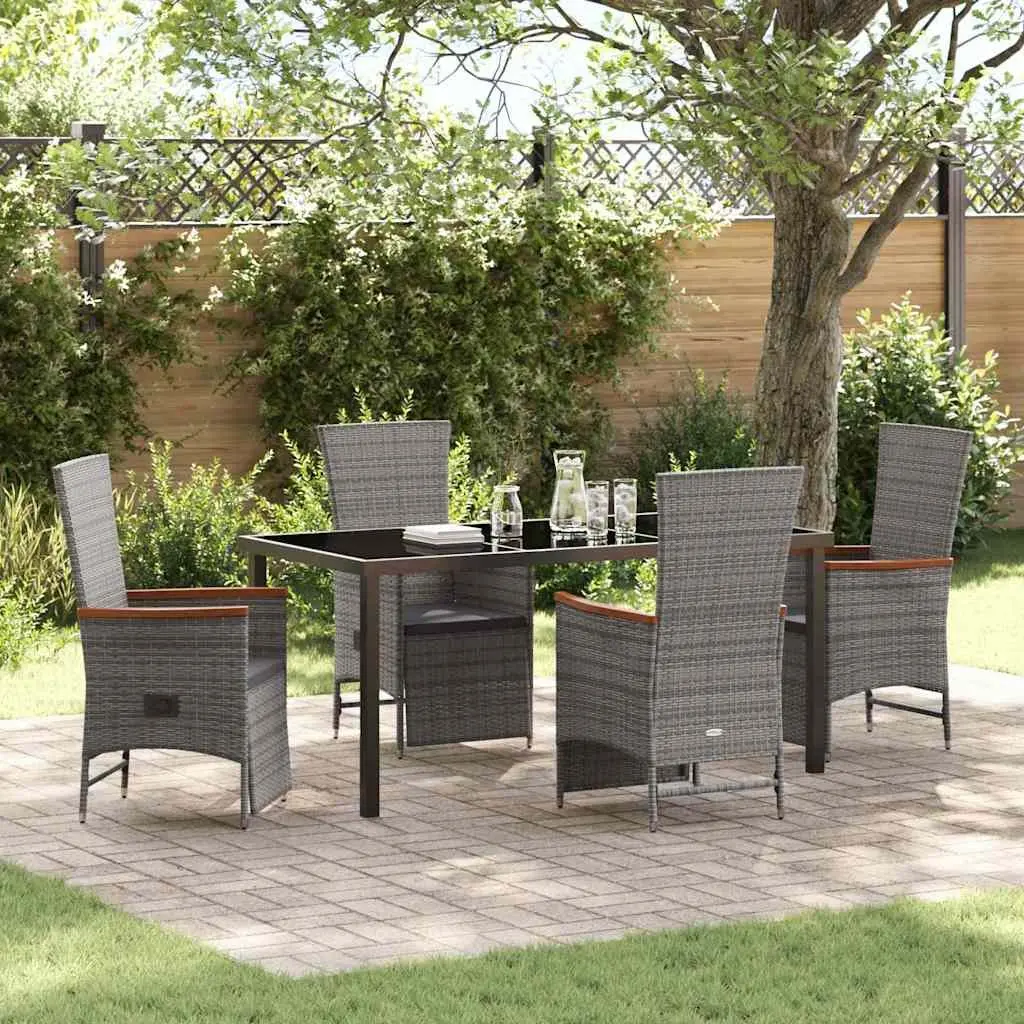 Garden Dining Set 5 Piece Poly Rattan Grey with Tempered Glass Table and Cushions