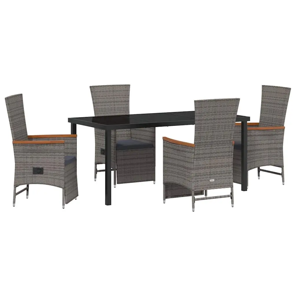 Garden Dining Set 5 Piece Poly Rattan Grey with Tempered Glass Table and Cushions