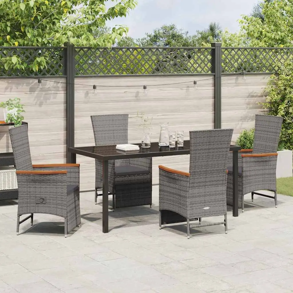 Garden Dining Set 5 Piece Poly Rattan Grey with Tempered Glass Table and Cushions