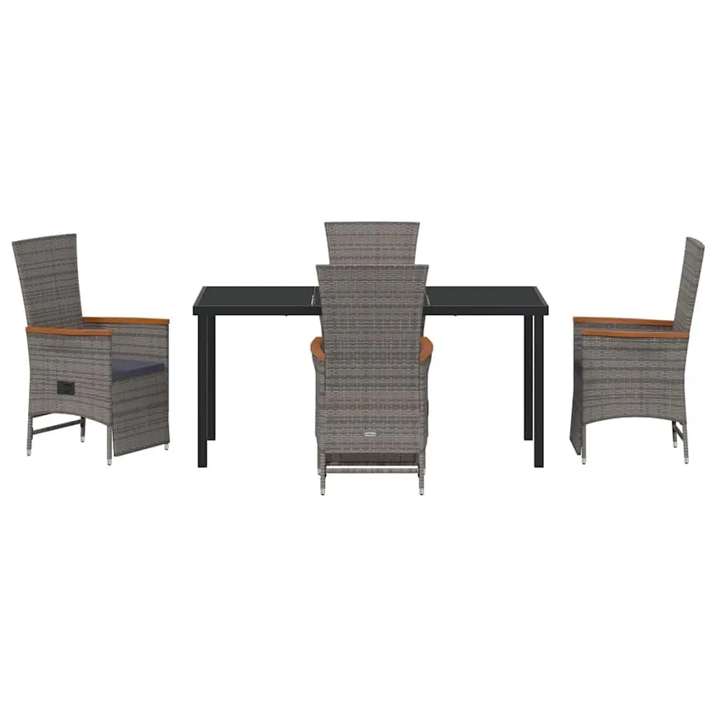 Garden Dining Set 5 Piece Poly Rattan Grey with Tempered Glass Table and Cushions