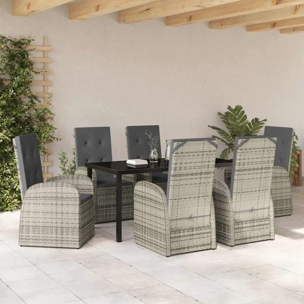 Outdoor Dining Set 7 Pieces Grey Poly Rattan Garden Furniture with Cushions and Adjustable Backrests