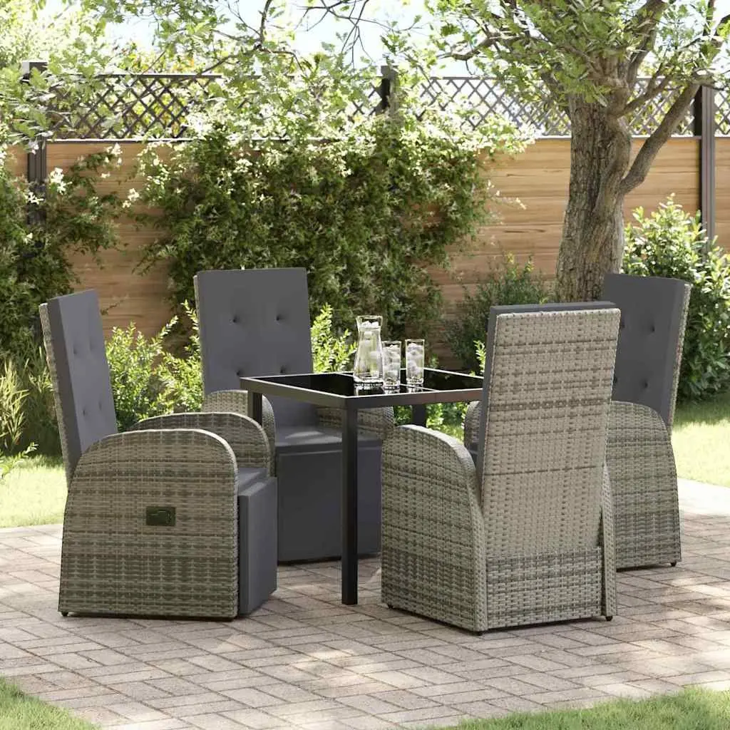 5 Piece Outdoor Furniture Set Grey Poly Rattan Dining Set with Cushions and Tempered Glass Table for Garden or Patio