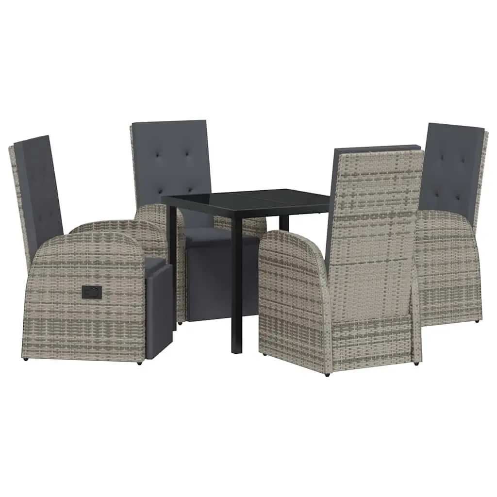 5 Piece Outdoor Furniture Set Grey Poly Rattan Dining Set with Cushions and Tempered Glass Table for Garden or Patio