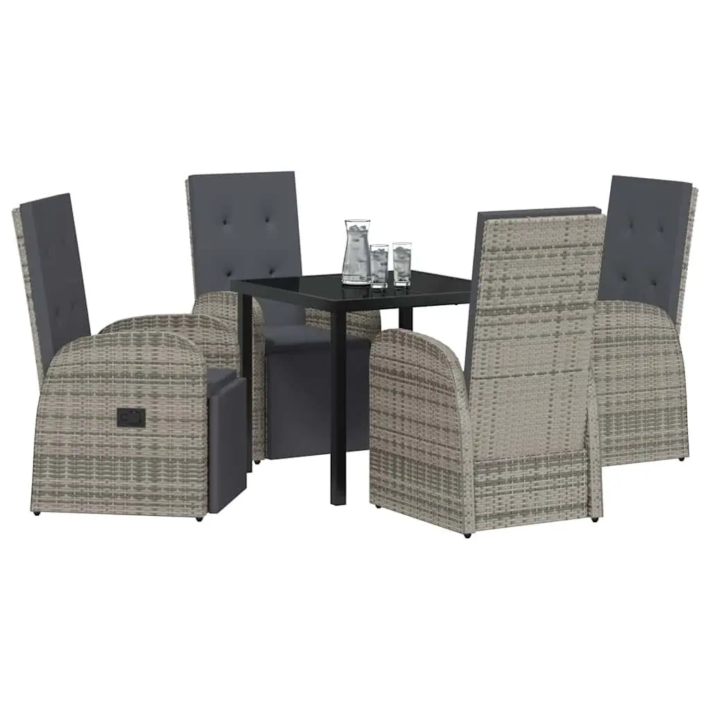 5 Piece Outdoor Furniture Set Grey Poly Rattan Dining Set with Cushions and Tempered Glass Table for Garden or Patio