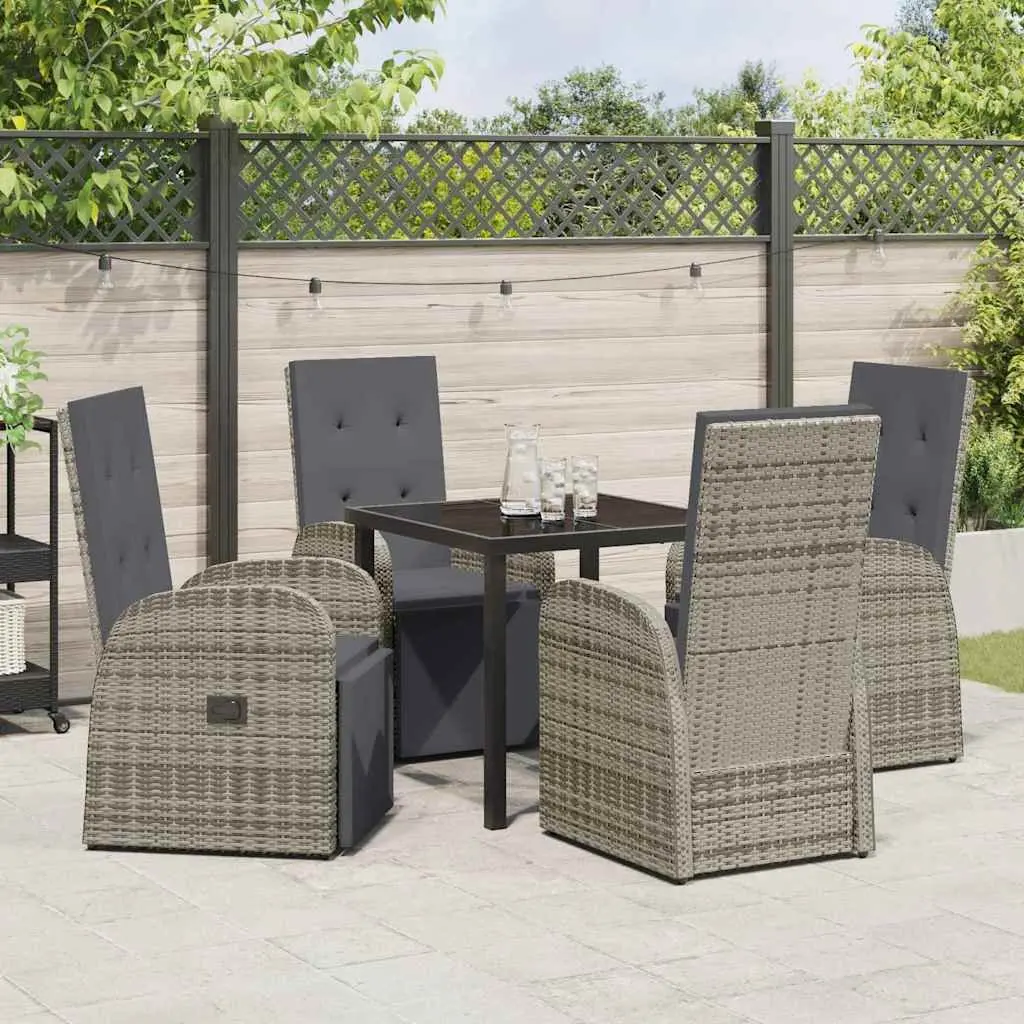 5 Piece Outdoor Furniture Set Grey Poly Rattan Dining Set with Cushions and Tempered Glass Table for Garden or Patio