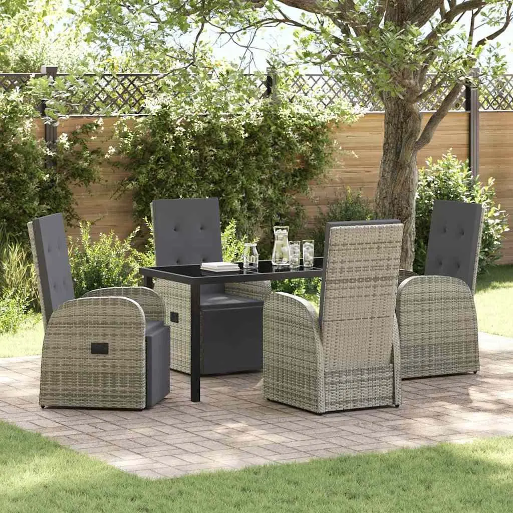 Outdoor Furniture Set 5 Piece Grey Poly Rattan Dining Table and Chairs with Tempered Glass Top and Adjustable Backrest