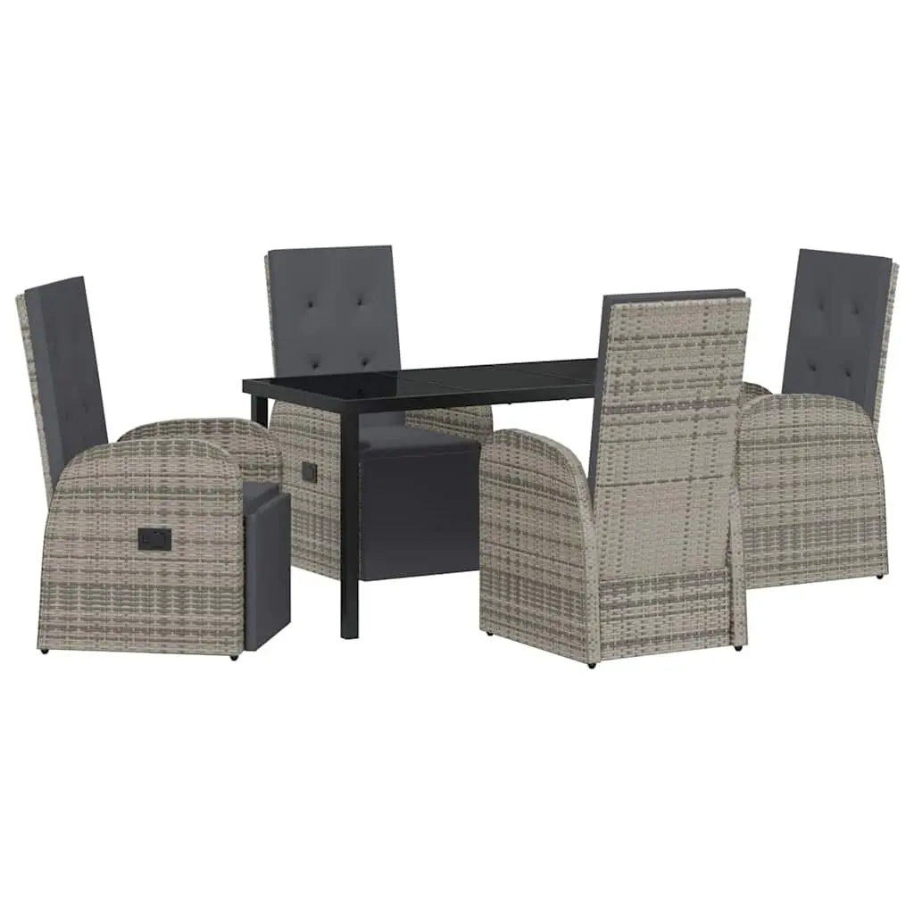 Outdoor Furniture Set 5 Piece Grey Poly Rattan Dining Table and Chairs with Tempered Glass Top and Adjustable Backrest