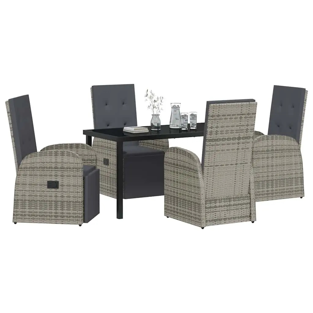 Outdoor Furniture Set 5 Piece Grey Poly Rattan Dining Table and Chairs with Tempered Glass Top and Adjustable Backrest