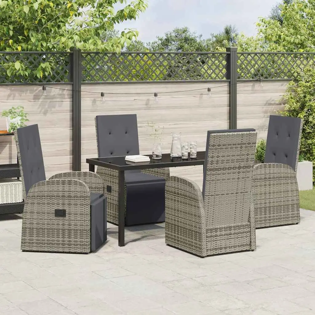 Outdoor Furniture Set 5 Piece Grey Poly Rattan Dining Table and Chairs with Tempered Glass Top and Adjustable Backrest