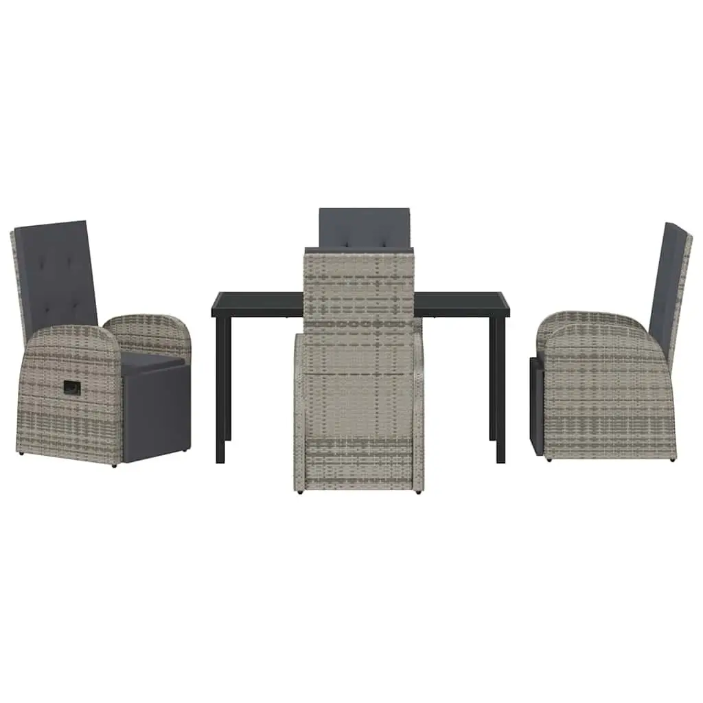 Outdoor Furniture Set 5 Piece Grey Poly Rattan Dining Table and Chairs with Tempered Glass Top and Adjustable Backrest