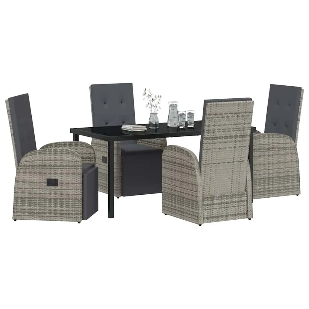 Garden Dining Set 5 Pieces Powder-coated Steel Grey Poly Rattan Chairs Tempered Glass Table
