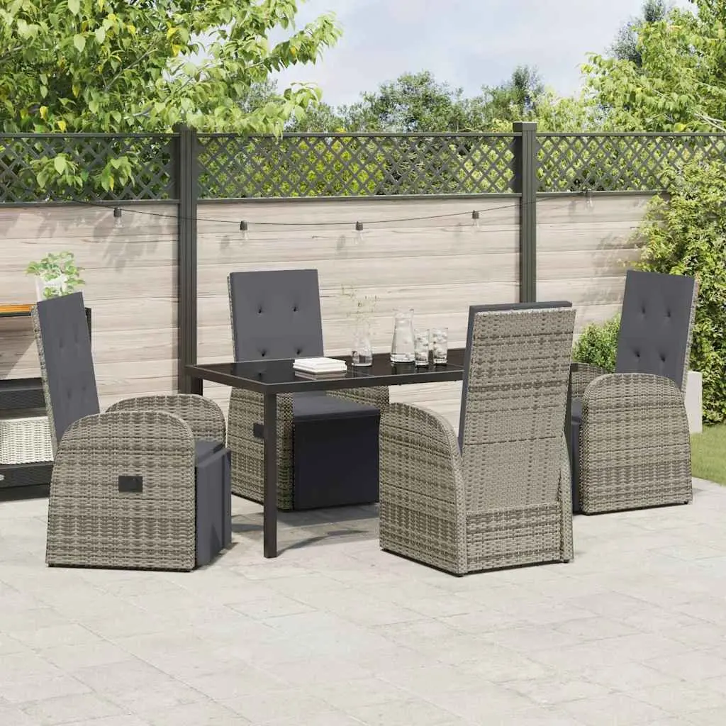 Garden Dining Set 5 Pieces Powder-coated Steel Grey Poly Rattan Chairs Tempered Glass Table
