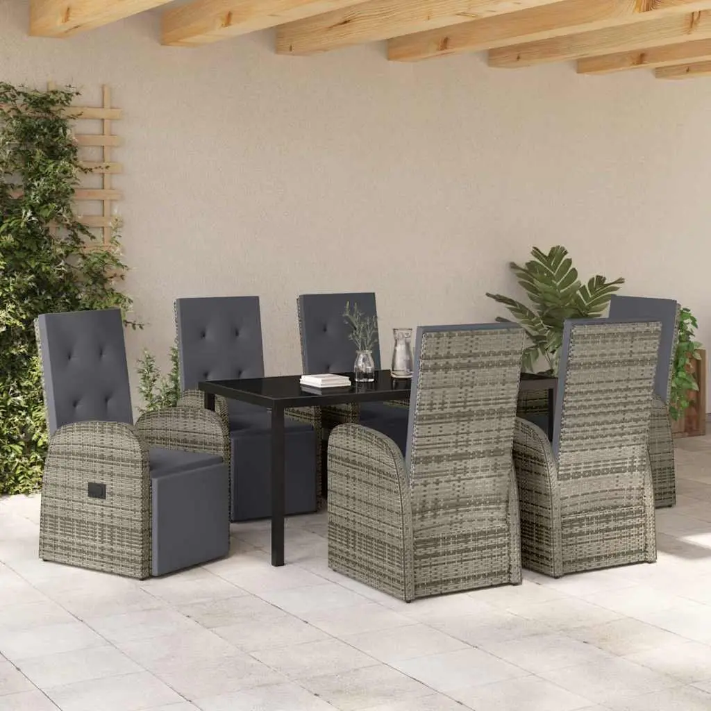 Outdoor Dining Set 7 Piece Grey Weather Resistant Poly Rattan Furnishings Table and Chairs with Cushions