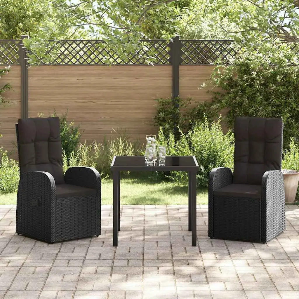 Outdoor Dining Set 3 Piece Black Rattan Garden Furniture with Tempered Glass