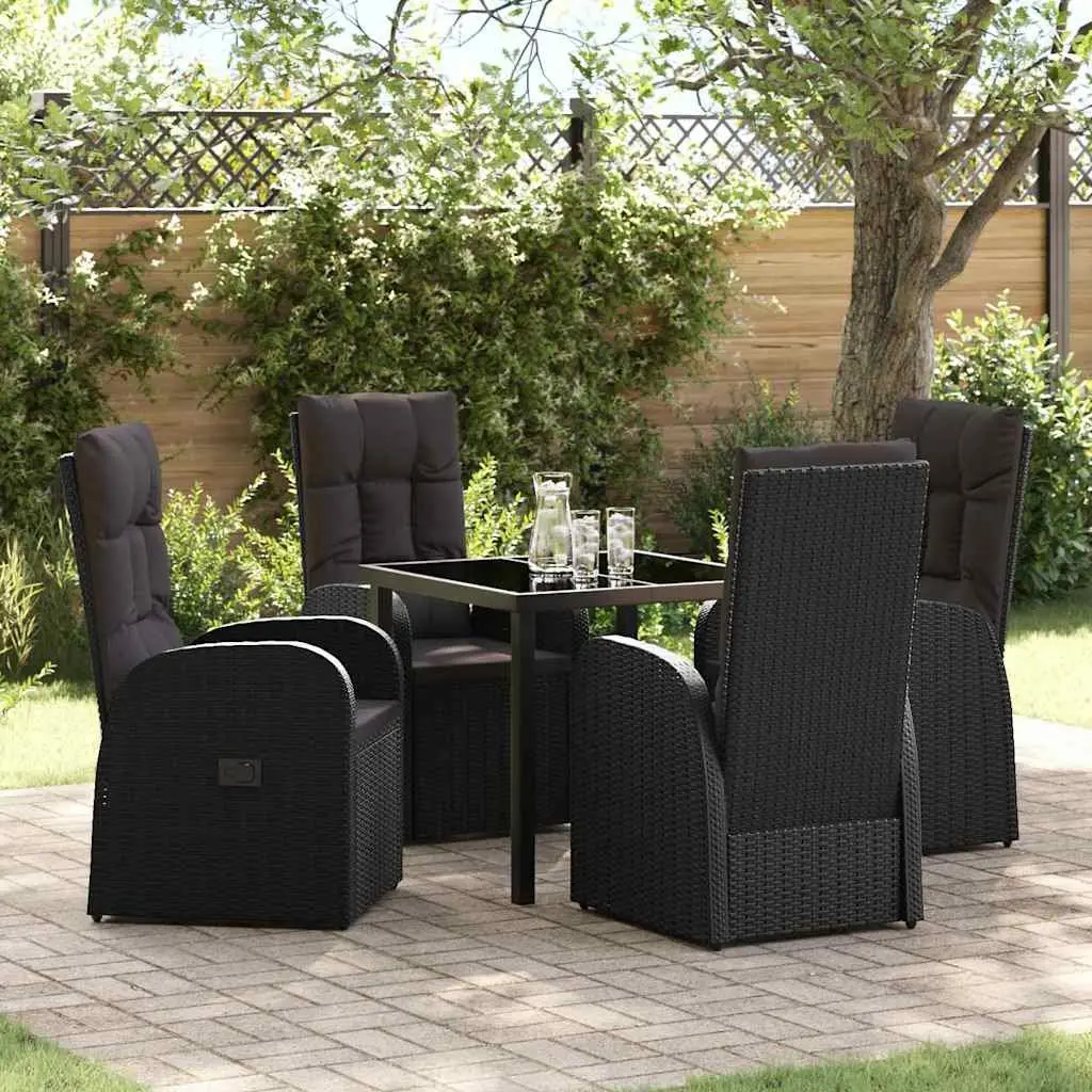 Outdoor Dining Set 5 Pieces Black Poly Rattan Garden Furniture with Glass Table