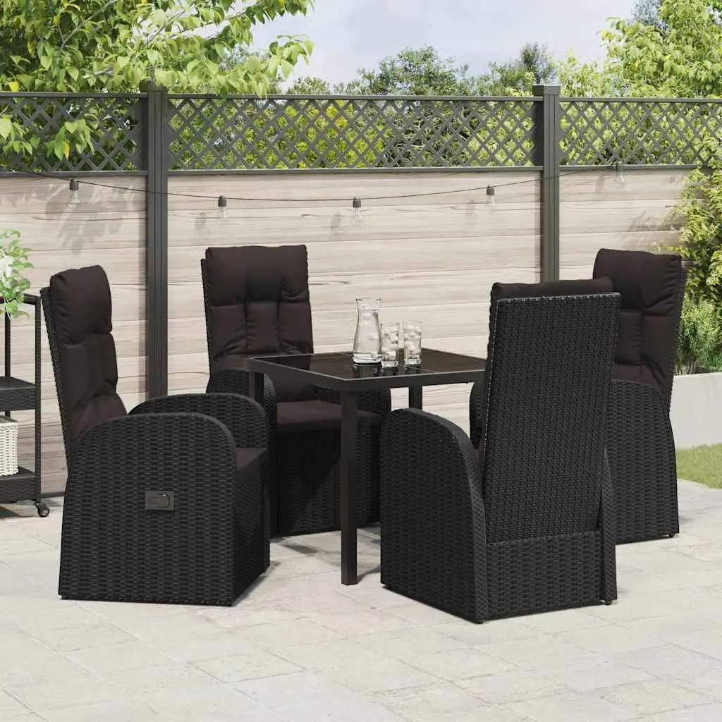 Outdoor Dining Set 5 Pieces Black Poly Rattan Garden Furniture with Glass Table