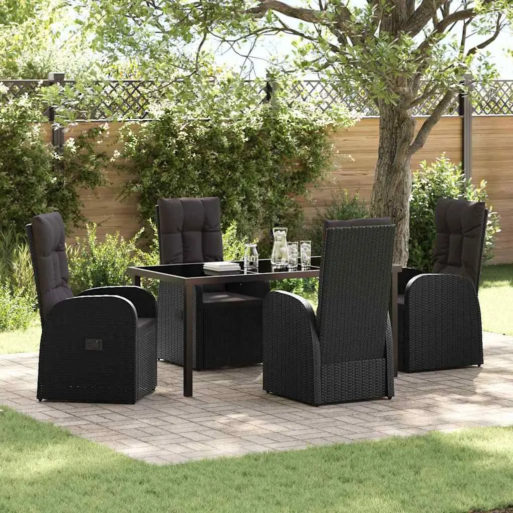 Outdoor Dining Set 5 Pieces Black Poly Rattan Garden Furniture with Tempered