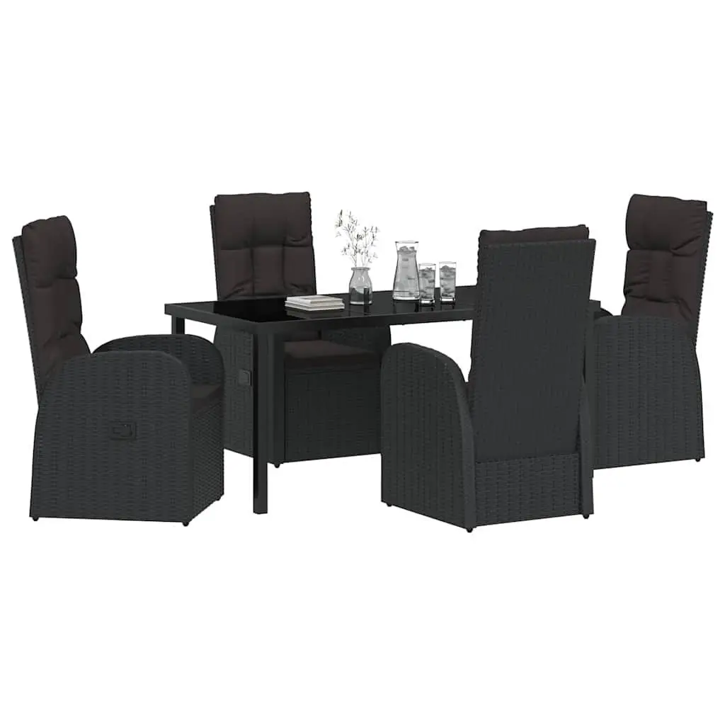 Outdoor Dining Set 5 Pieces Black Poly Rattan Garden Furniture with Tempered