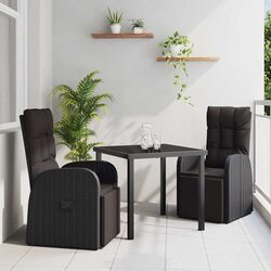 Outdoor Garden Dining Set 3 Piece Black Poly Rattan Chairs Table with Cushion