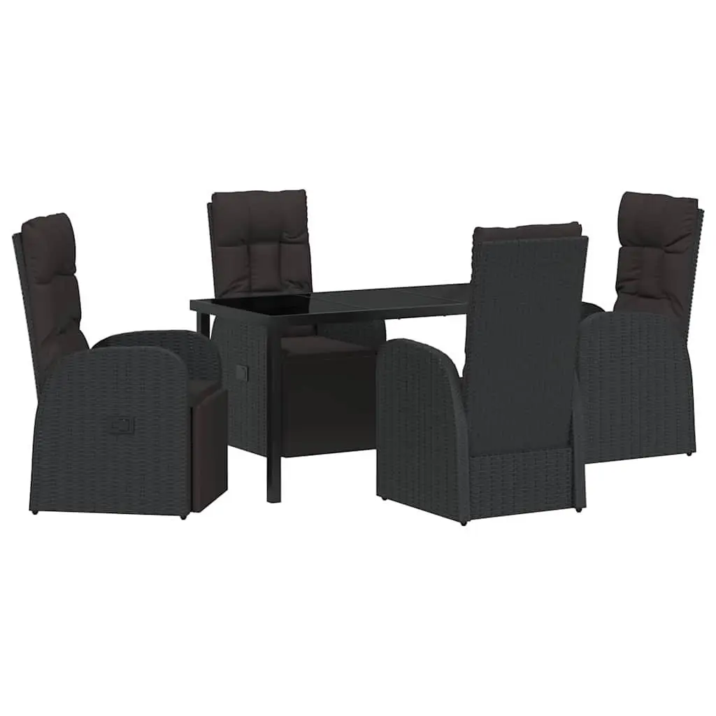 5 Piece Outdoor Dining Set Black Poly Rattan Furniture with Adjustable Backrest Chairs and Glass Table