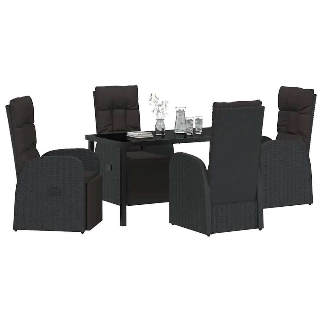 5 Piece Outdoor Dining Set Black Poly Rattan Furniture with Adjustable Backrest Chairs and Glass Table