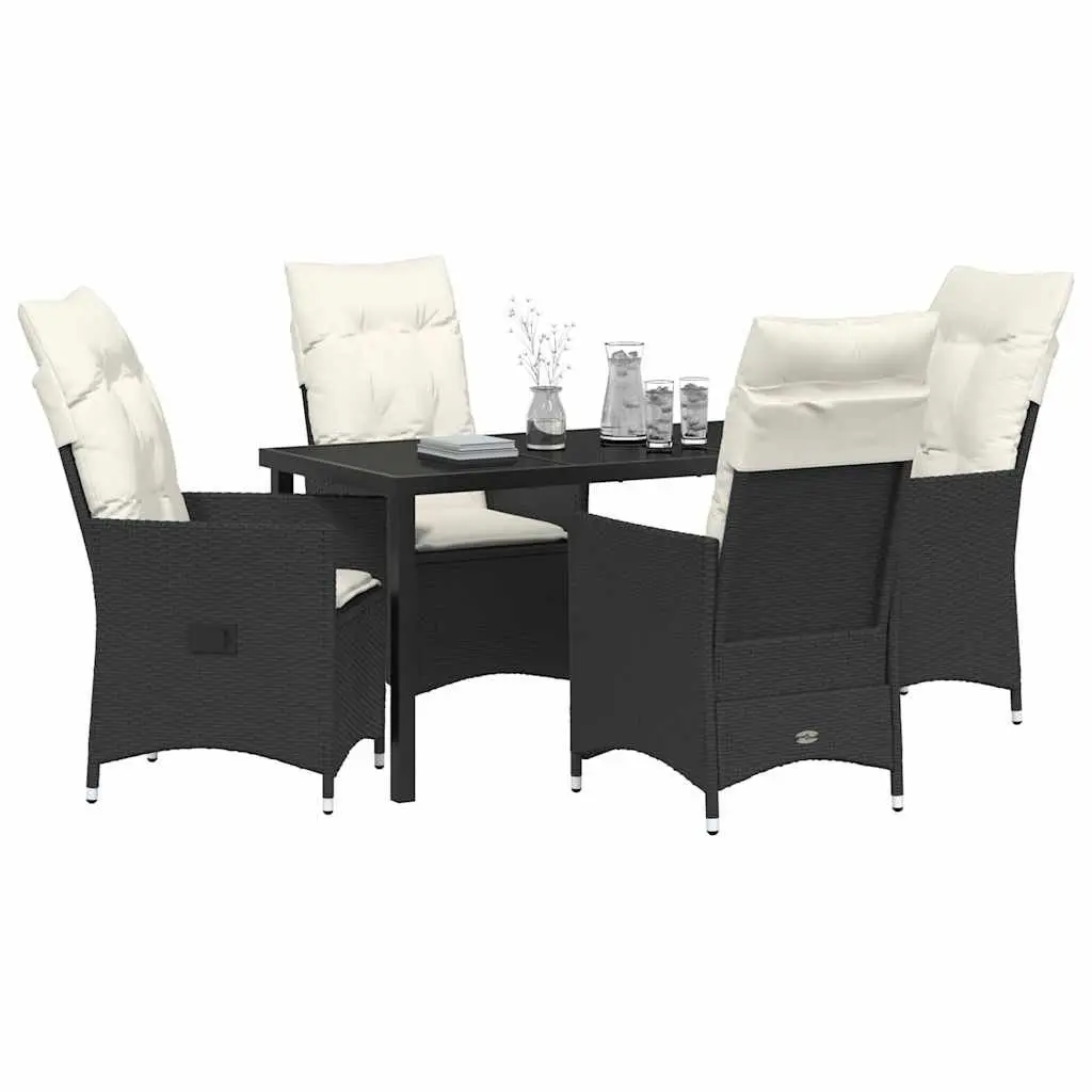 5 Piece Dining Set Black Poly Rattan Cushioned Patio Garden Furniture