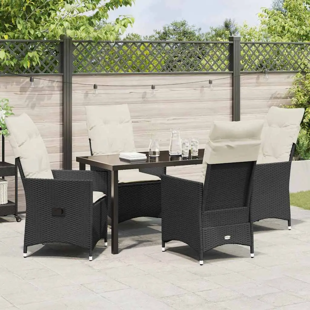 5 Piece Dining Set Black Poly Rattan Cushioned Patio Garden Furniture
