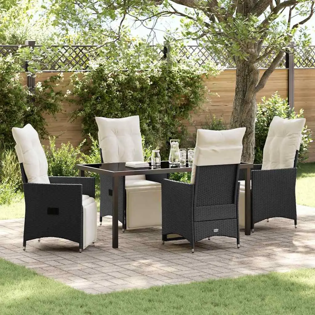Outdoor Dining Set Poly Rattan 5 Piece Black with Tempered Glass Table and Cushions