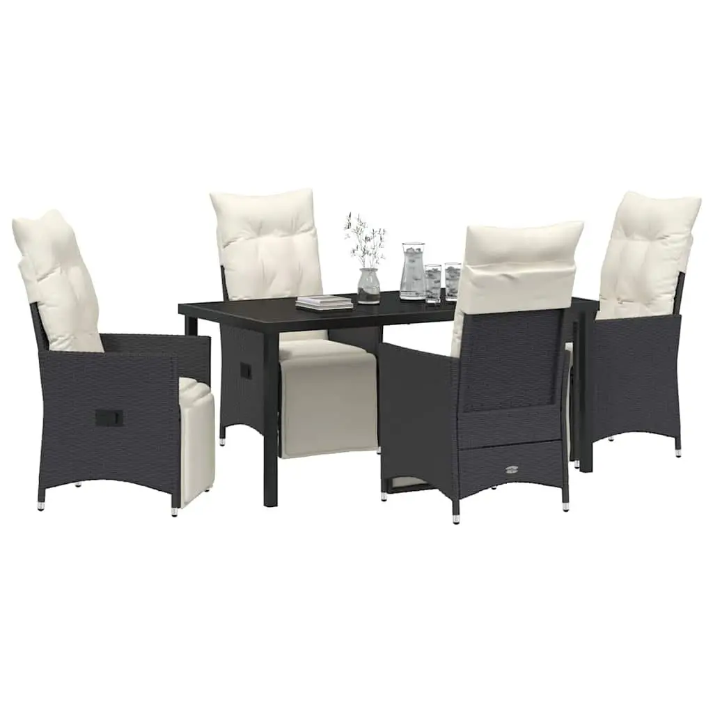 Outdoor Dining Set Poly Rattan 5 Piece Black with Tempered Glass Table and Cushions