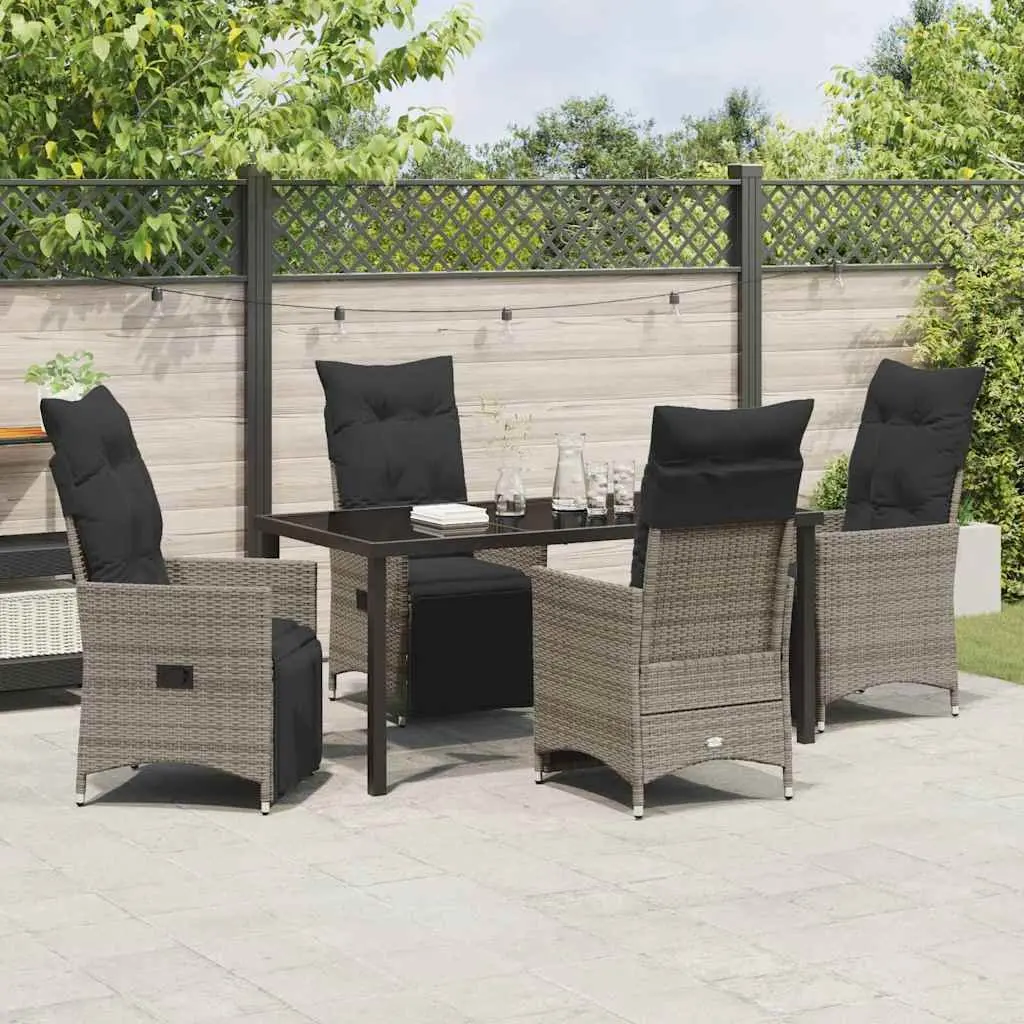 5 Piece Outdoor Garden Dining Set Grey Poly Rattan Patio Furniture with Cushions