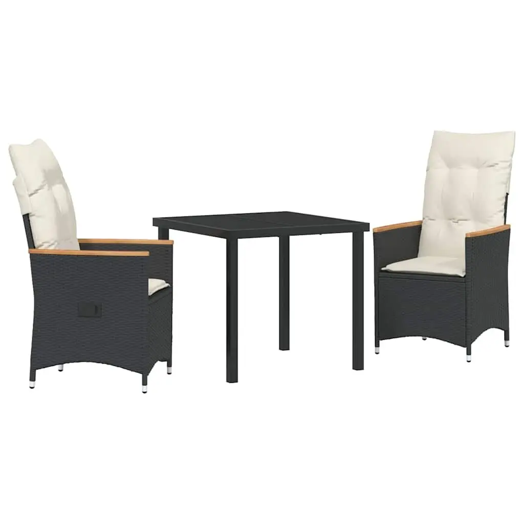 3-Piece Black Poly Rattan Garden Dining Set Outdoor Furniture with Cushions