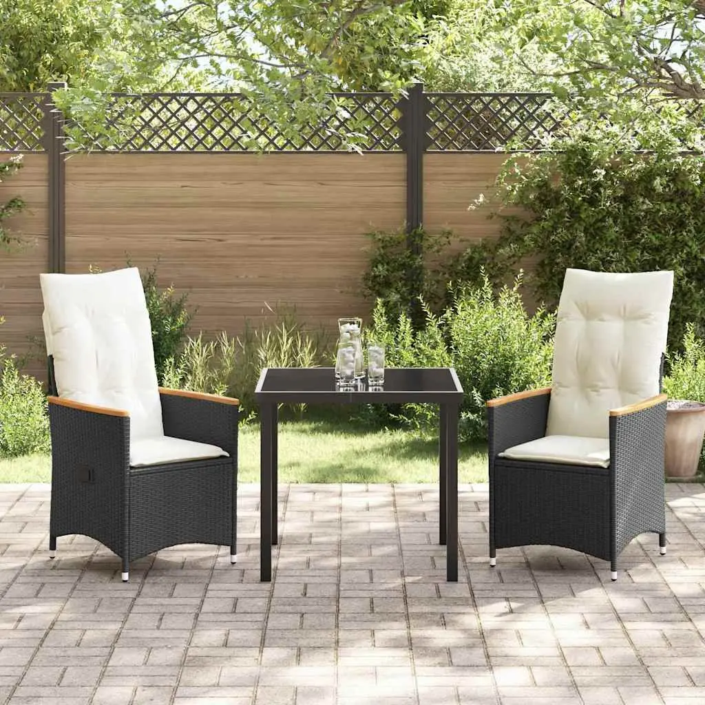 3-Piece Black Poly Rattan Garden Dining Set Outdoor Furniture with Cushions
