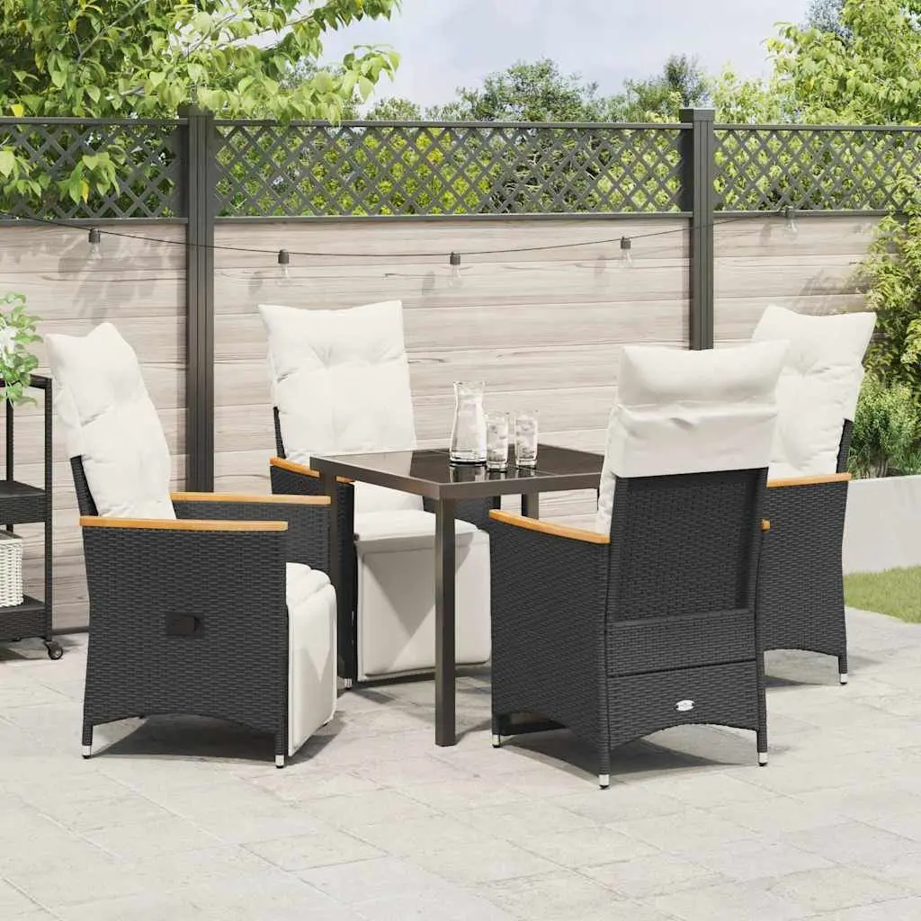 5 Piece Garden Dining Set Poly Rattan Black Outdoor Furniture with Steel Frame and Tempered Glass Top