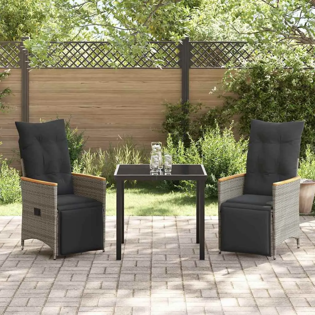3 Piece Garden Furniture Set Grey Poly Rattan Adjustable Backrest Cushions Outdoor Dining Table Chair