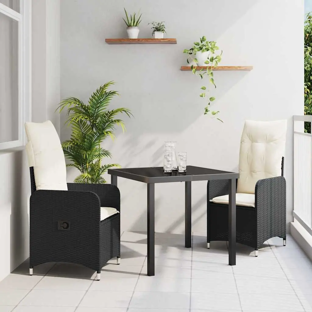 3 Piece Outdoor Dining Set Powder Coated Steel Black Rattan Chairs and Glass Table