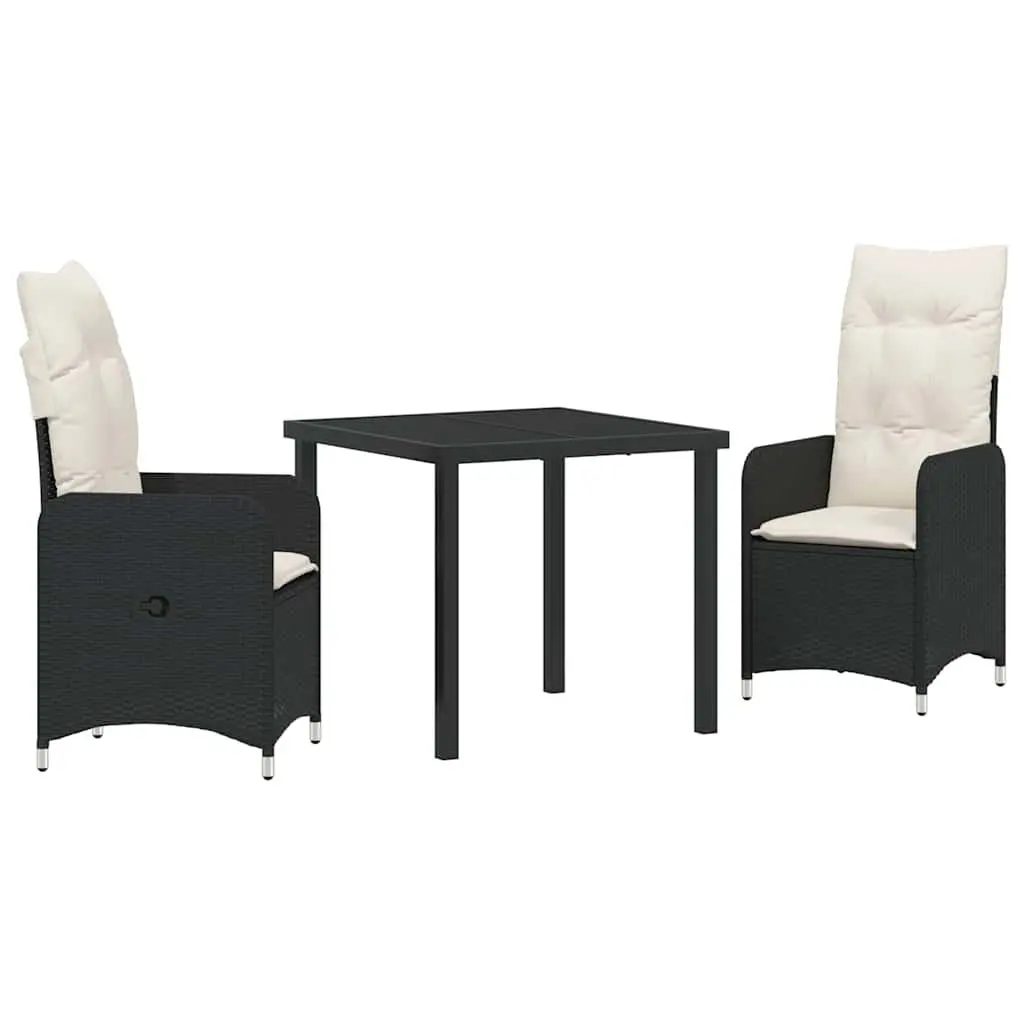 3 Piece Outdoor Dining Set Powder Coated Steel Black Rattan Chairs and Glass Table