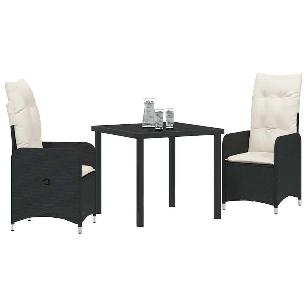 3 Piece Outdoor Dining Set Powder Coated Steel Black Rattan Chairs and Glass Table