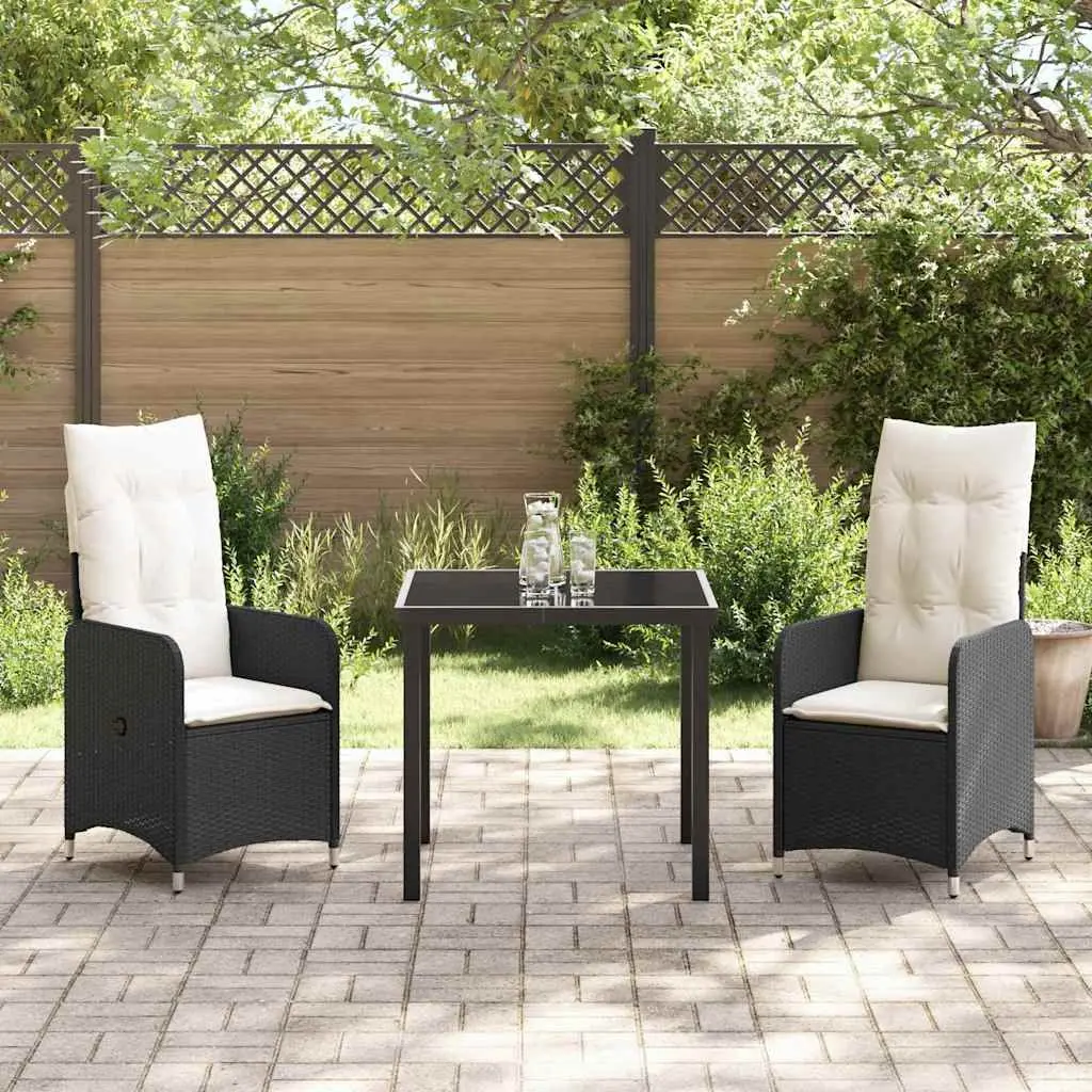 3 Piece Outdoor Dining Set Powder Coated Steel Black Rattan Chairs and Glass Table