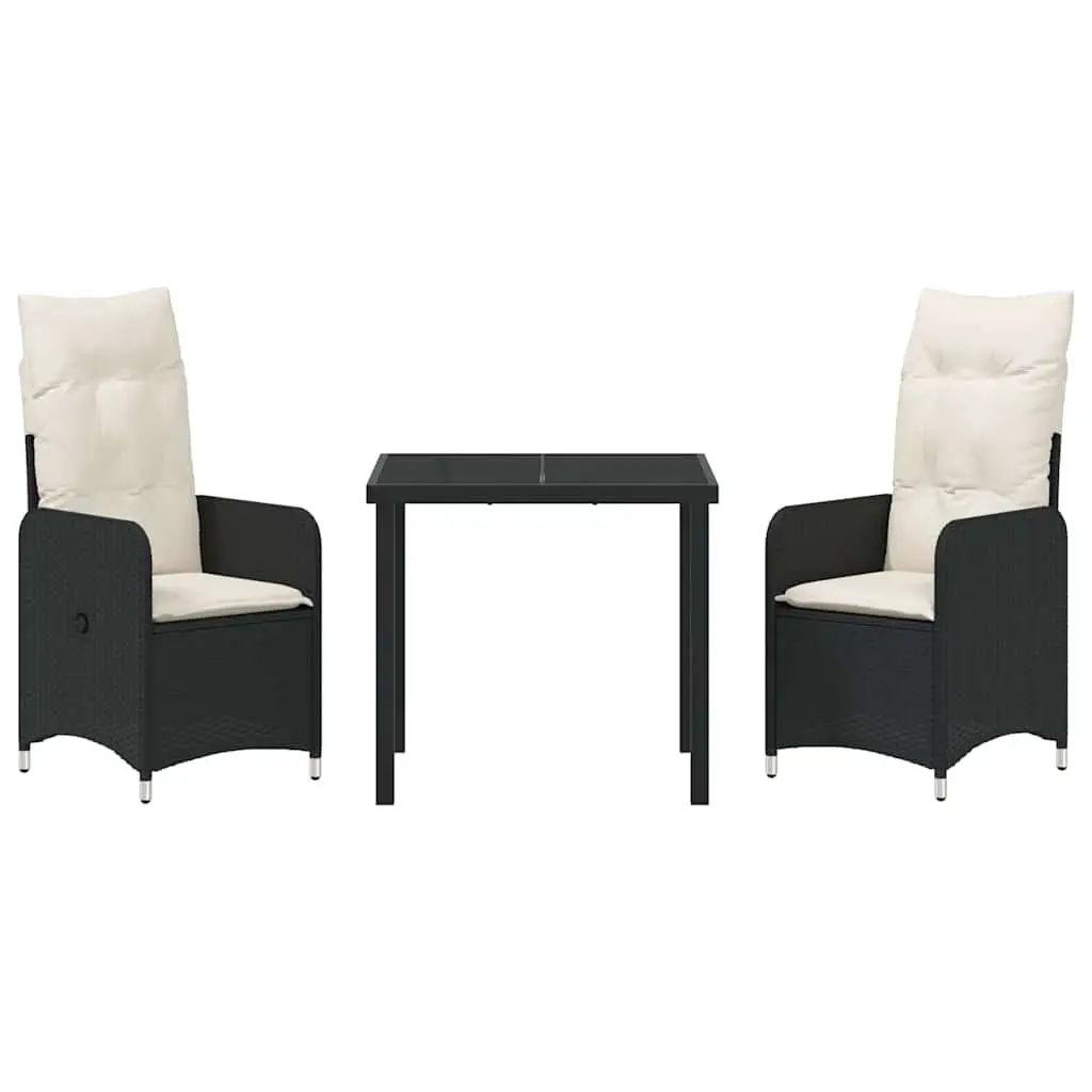 3 Piece Outdoor Dining Set Powder Coated Steel Black Rattan Chairs and Glass Table