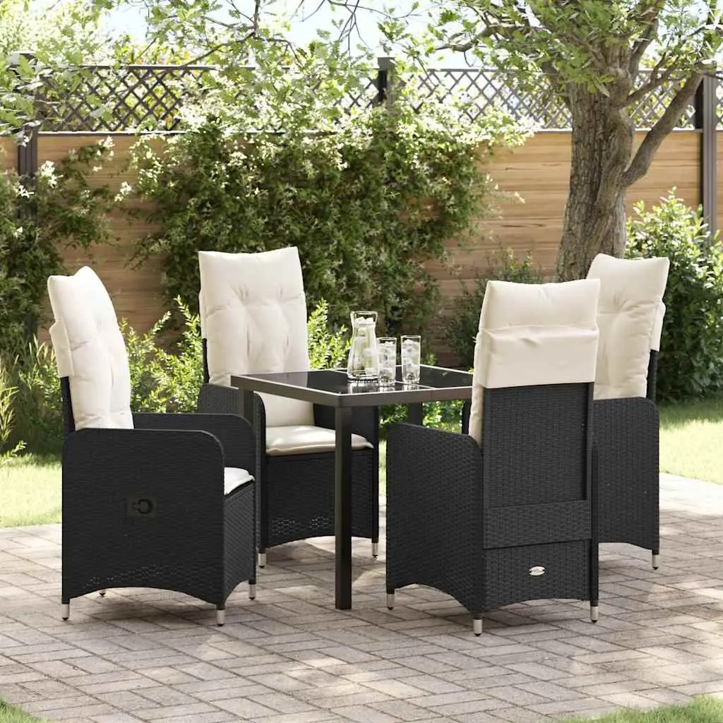 Outdoor Dining Set 5 Piece Black Poly Rattan Table with Tempered Glass Top and Cushioned Chairs