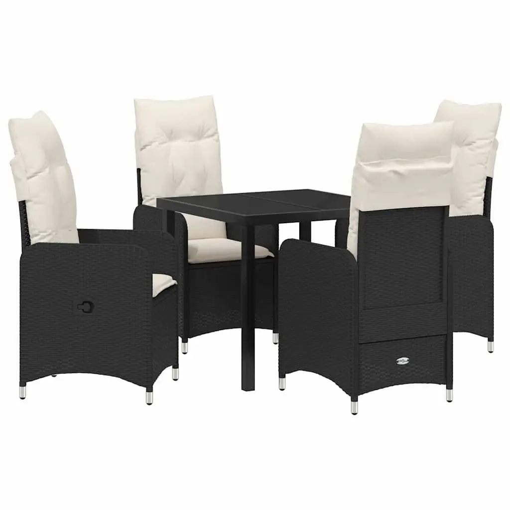 Outdoor Dining Set 5 Piece Black Poly Rattan Table with Tempered Glass Top and Cushioned Chairs