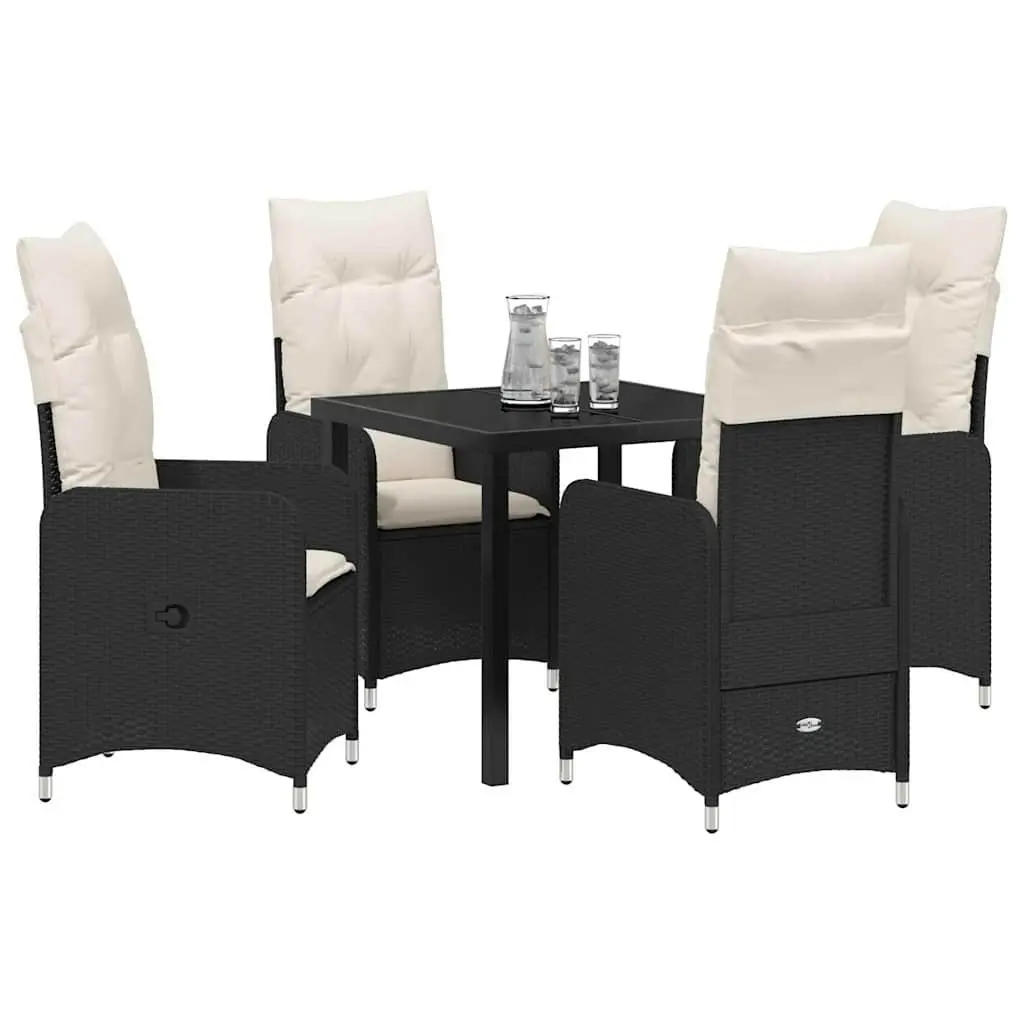 Outdoor Dining Set 5 Piece Black Poly Rattan Table with Tempered Glass Top and Cushioned Chairs