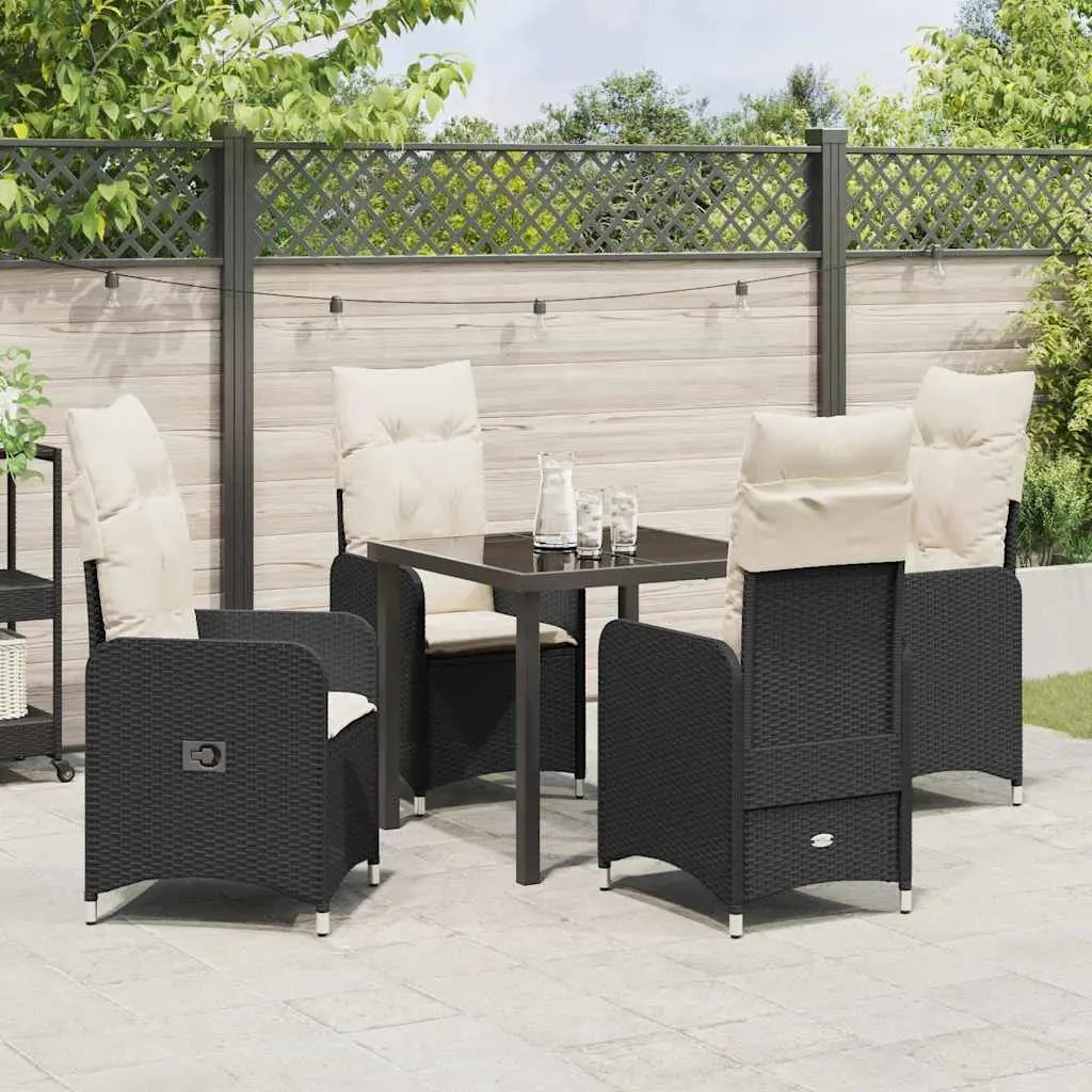 Outdoor Dining Set 5 Piece Black Poly Rattan Table with Tempered Glass Top and Cushioned Chairs
