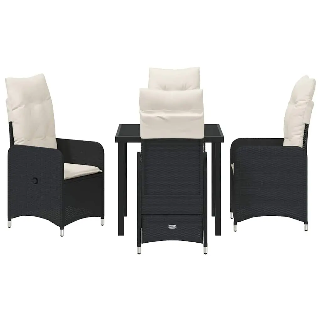 Outdoor Dining Set 5 Piece Black Poly Rattan Table with Tempered Glass Top and Cushioned Chairs