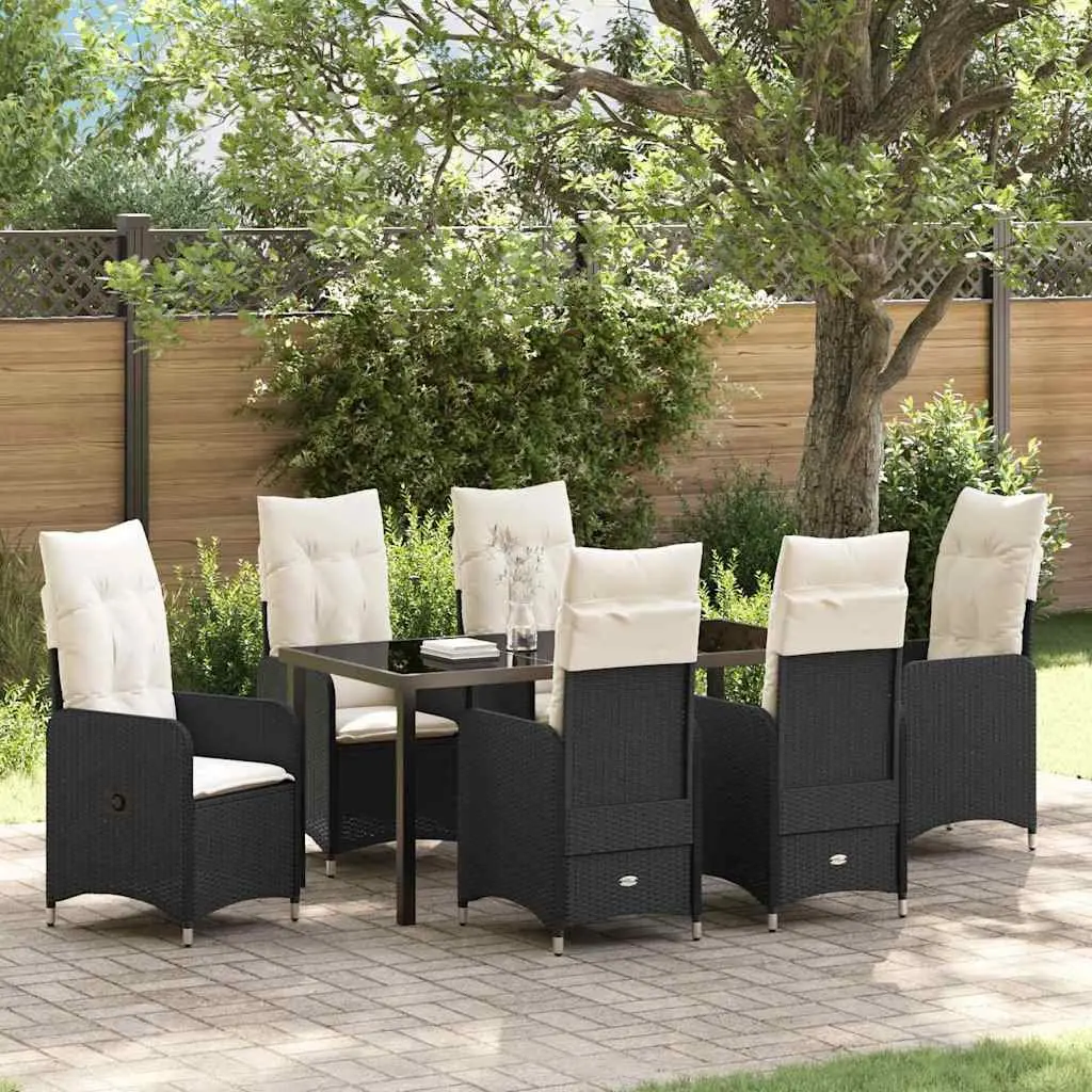 7 Piece Outdoor Dining Set Black Rattan Table with Glass Top and Cushions for Garden Patio Furniture