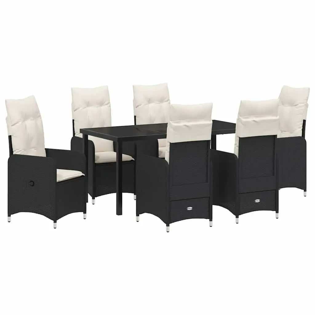 7 Piece Outdoor Dining Set Black Rattan Table with Glass Top and Cushions for Garden Patio Furniture
