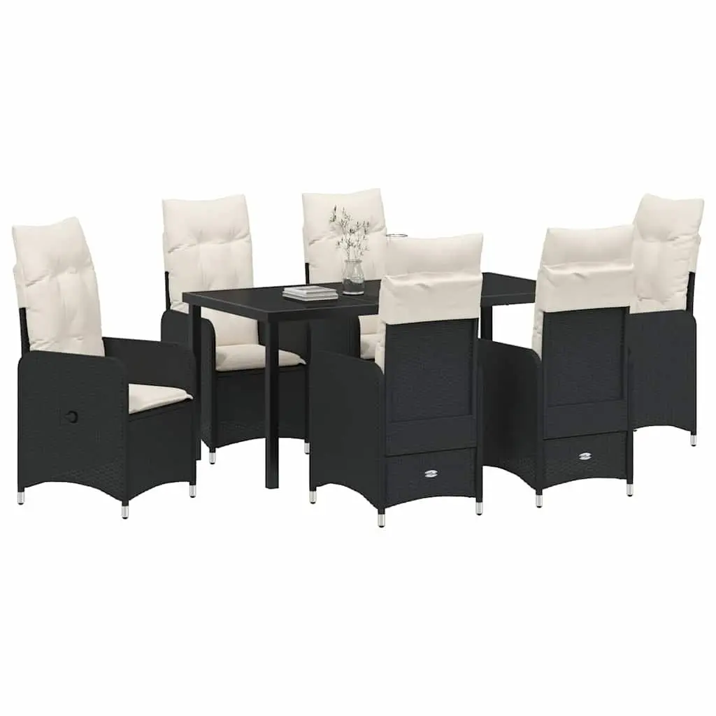 7 Piece Outdoor Dining Set Black Rattan Table with Glass Top and Cushions for Garden Patio Furniture