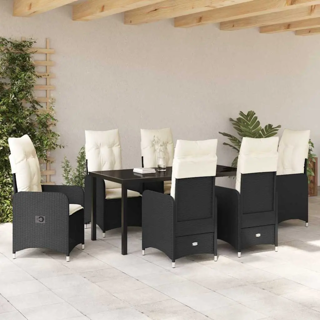 7 Piece Outdoor Dining Set Black Rattan Table with Glass Top and Cushions for Garden Patio Furniture