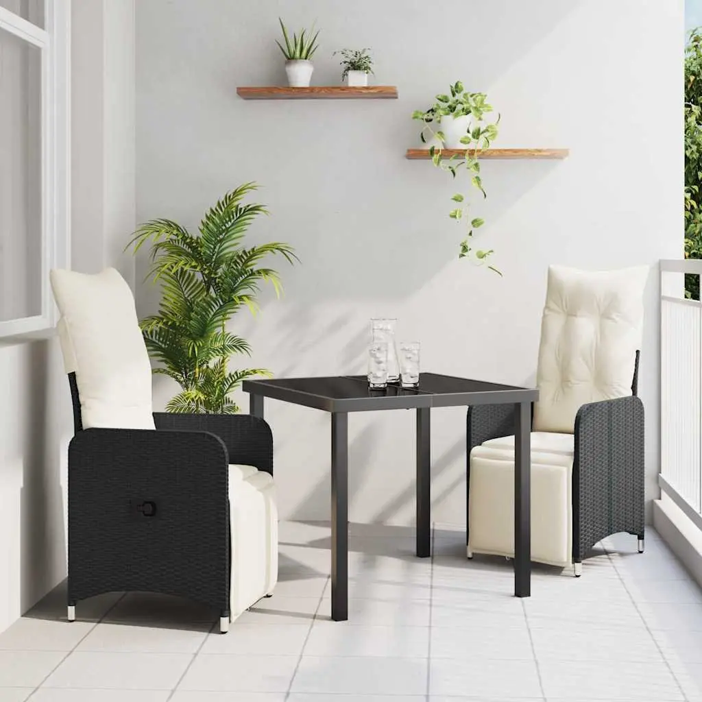 Garden Dining Set Poly Rattan Cushioned Chairs Black 3 Piece